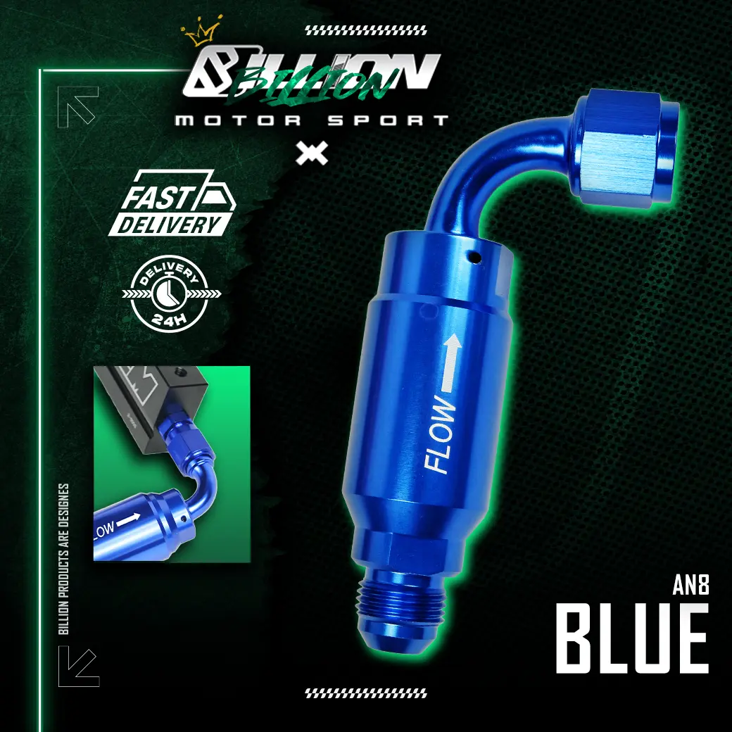 Fuel Filter กรองน้ำมันเชื้อเพลิง Billion 90° เกลียวตัวเมีย AN8 สีฟ้า (Blue)