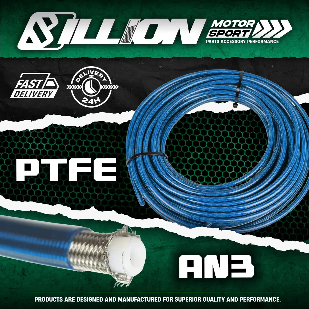 Billion สายน้ำมันเบรค PTFE AN3 สีน้ำเงิน | สายเบรคถักแรงดันสูง ทนความร้อน [ราคาต่อฟุต]