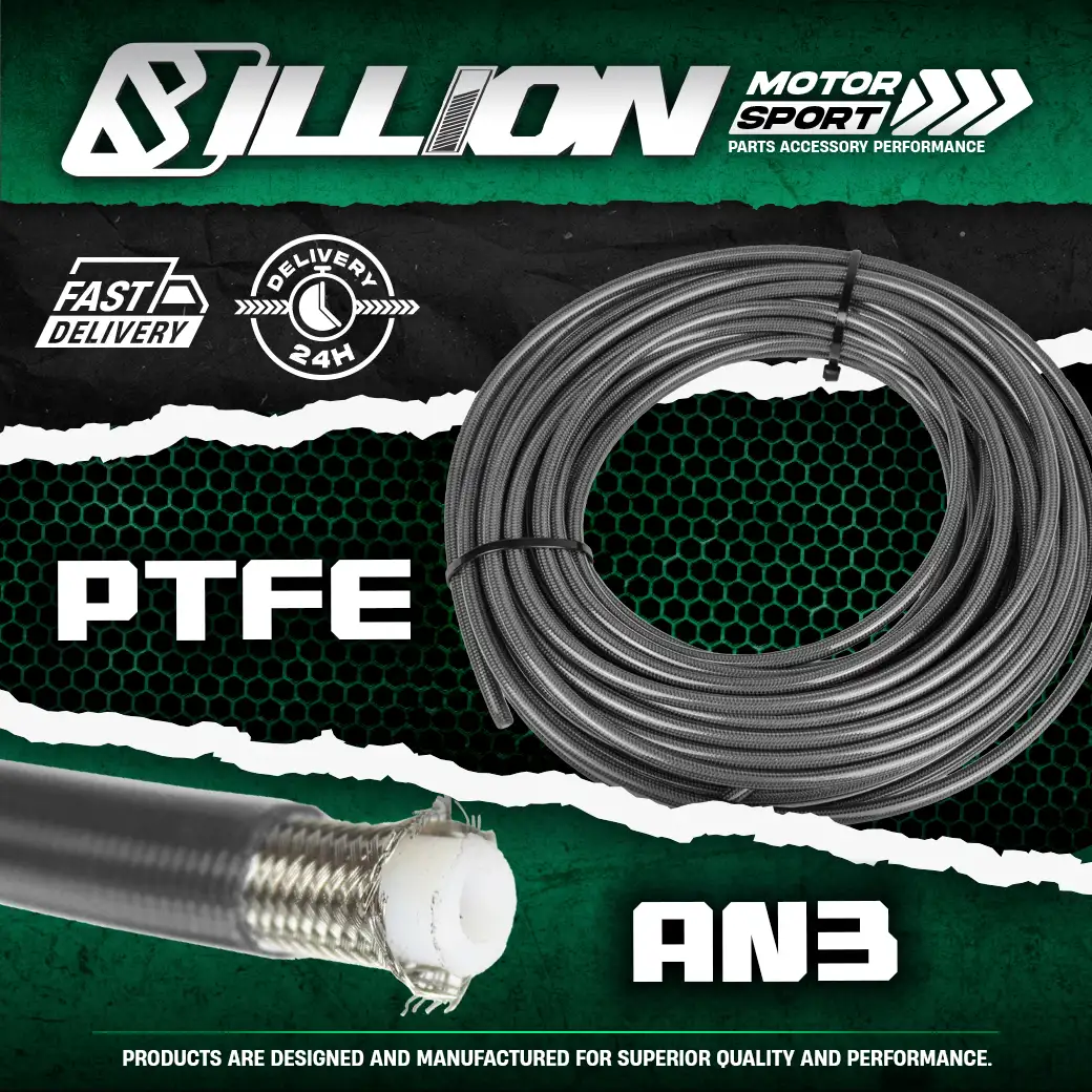 Billion สายน้ำมันเบรค PTFE AN3 สีเงิน | สายเบรคถักแรงดันสูง ทนความร้อน [ราคาต่อฟุต]