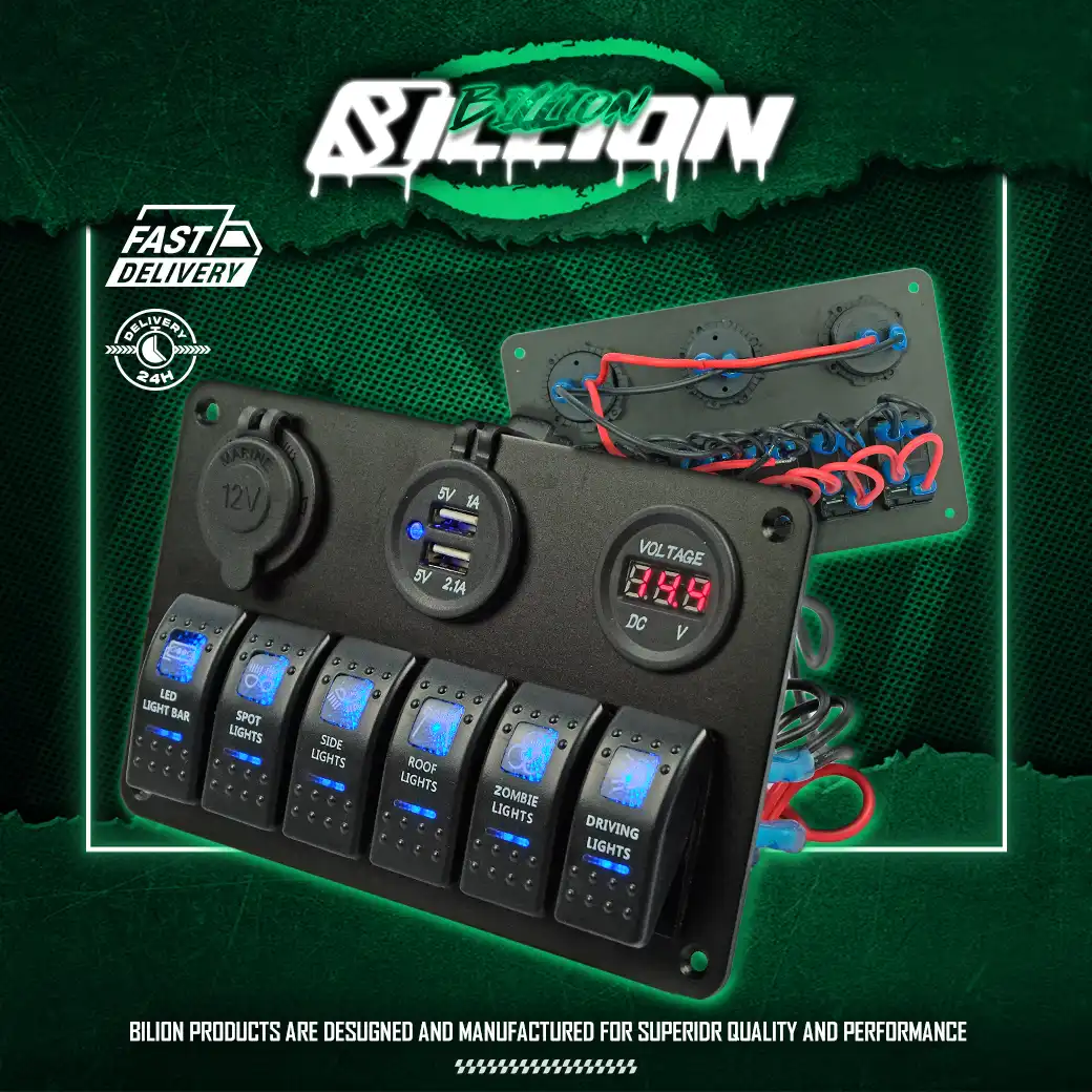 Billion แผงสวิตช์ไฟอลูมิเนียม 6 ปุ่ม พร้อม USB Socket 12V