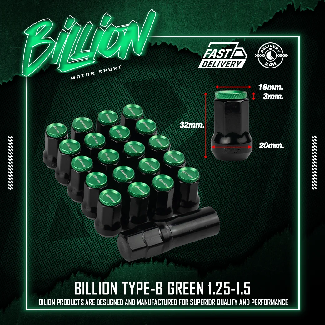 น็อตล้อเหล็ก Billion Type-B สีเขียว (1.25)