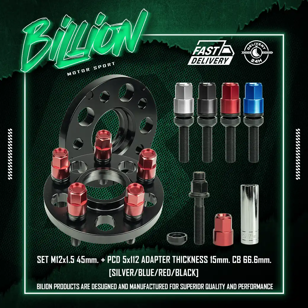 ชุดน็อตล้อ Billion M12x1.5 45mm. + อแดปเตอร์ 5x112 หนา 15mm. CB66.6 (Black)