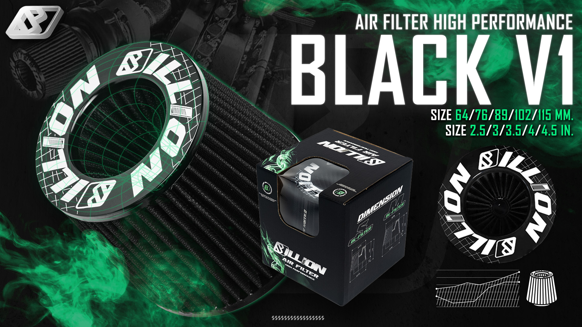 กรองอากาศ Billion Black V.1 64mm.-115mm.